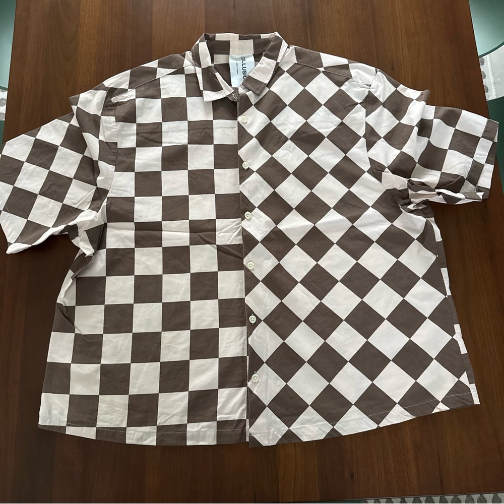Collusion ASOS Brown and Light Pink Checkered Men's Short Sleeve Button Up Shirt